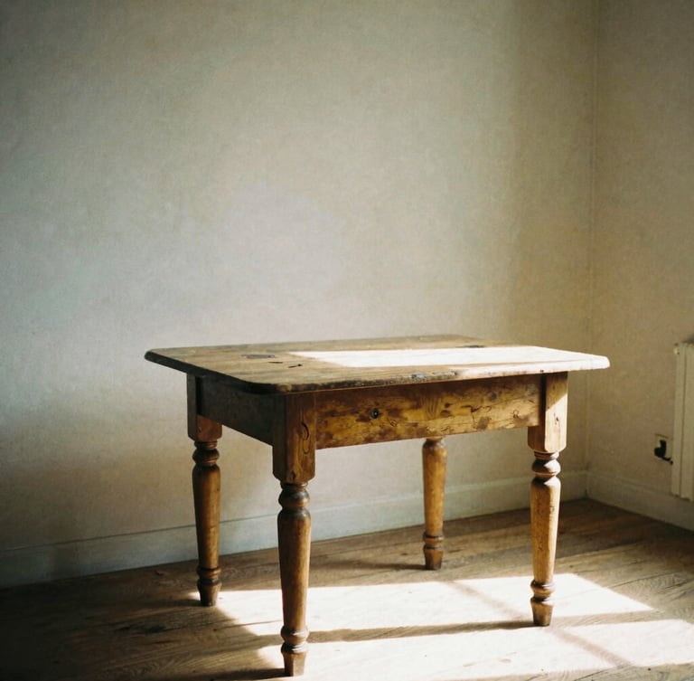 Cozy authentic French apartment interior with warm afternoon sun, a beautifully restored vintage wooden table in the center, 35mm lens, realistic everyday life