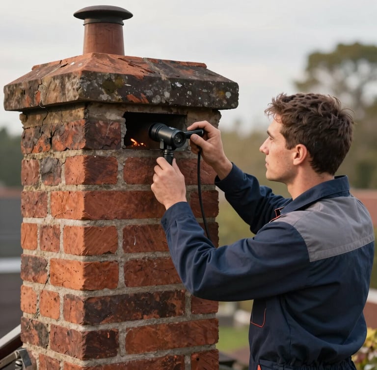 Medium shot of a professional chimney technician in work attire, inspecting a brick chimney flue with an inspection camera, focused and diligent, warm natural daylight, shallow depth of field.