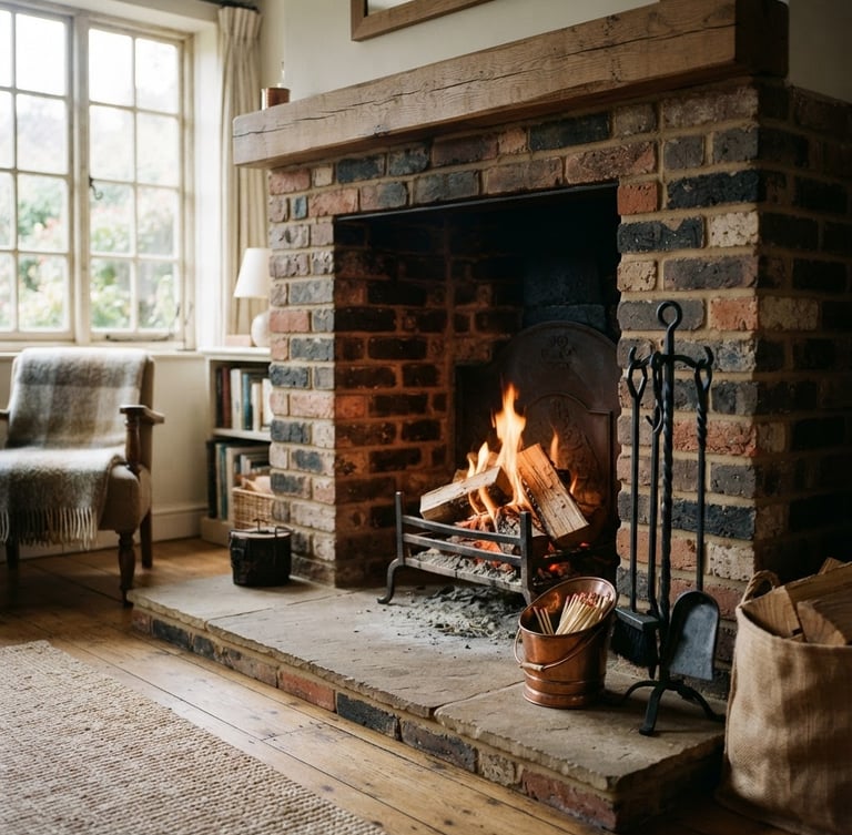 Warm, inviting fireplace hearth, recently cleaned, with professional chimney sweeping tools neatly arranged beside it, natural daylight streaming in from a window on the left.