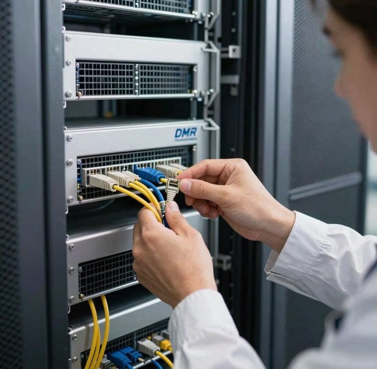 Medium close-up of a DMR Technologies technician in clean branded gear, precisely terminating a network cable in a neatly organized server rack, crisp architectural lighting, cool slate and metallic tones, sharp commercial photography.