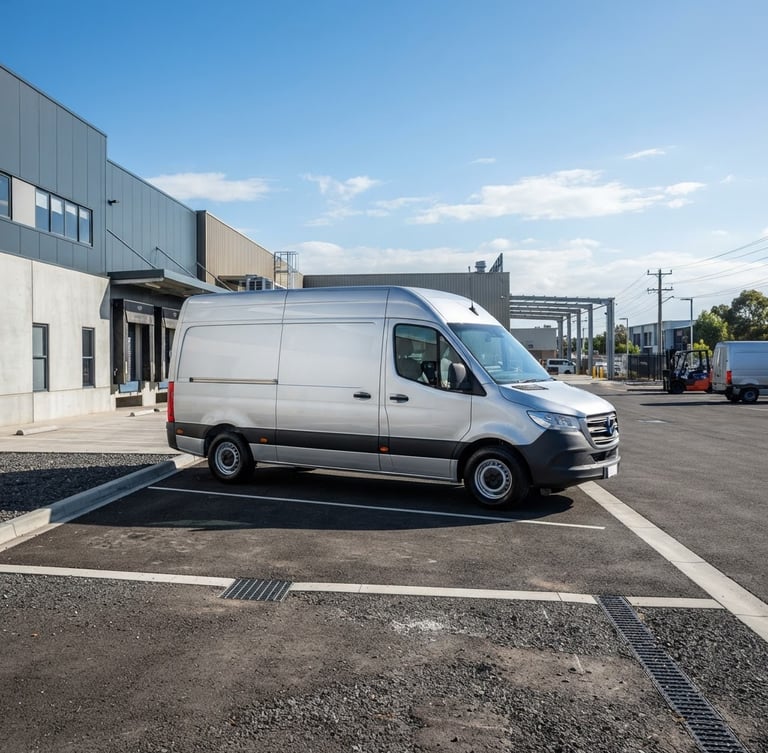 Wide panoramic shot of a clean, branded DMR TECHNOLOGIES LLC service vehicle, parked on a sunlit industrial lot, ready for dispatch, low horizon, cool slate and metallic tones, crisp focus.