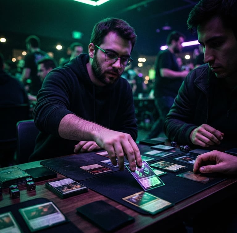 Dynamic low-angle shot of a pristine trading card tournament in progress under neon green and purple rim lights, players focused, high-contrast dark mood