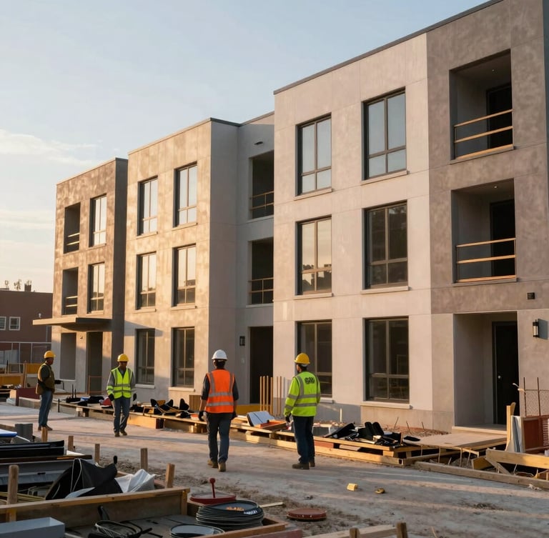 Active construction site of a modern multi-family townhouse in Detroit, diverse local workers in safety gear, warm golden hour daylight, 35mm.