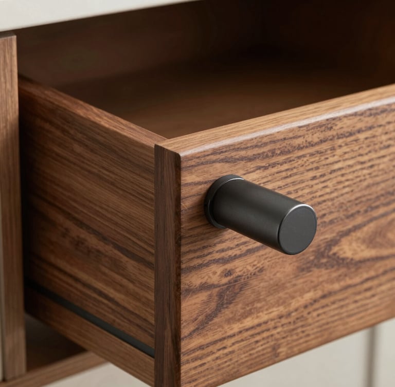 Extreme macro detail shot of a soft-close drawer mechanism, matte charcoal hardware, seamless joint with dark walnut wood, soft natural side light, technical precision