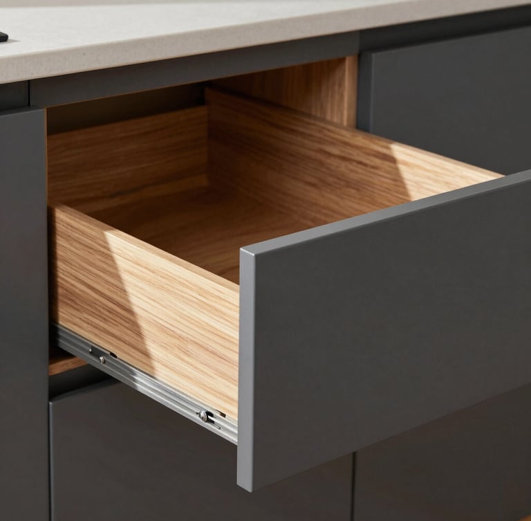 Straight-on architectural detail of a matte charcoal kitchen cabinet drawer sliding open smoothly, soft daylight hitting the walnut wood interior joint, 35mm lens, editorial style