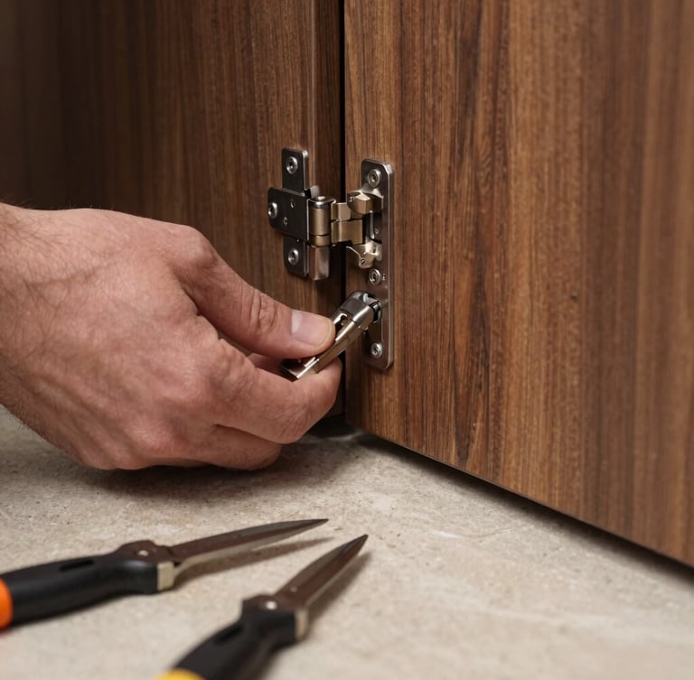 Extreme macro detail shot of a technician calibrating a concealed German hinge on a dark walnut cabinet door, clean professional tools resting on a nearby stone countertop, soft side light