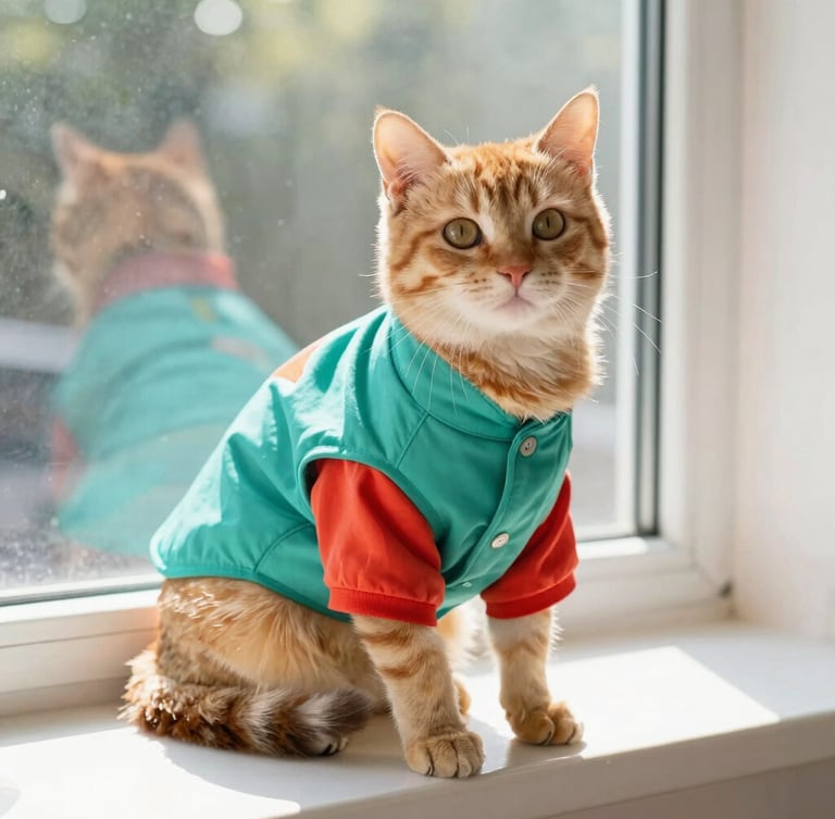 Bright warm photography of a comfortable cat wearing a colorful tailor-made teal shirt, sitting relaxed on a sunny windowsill, natural daylight, eye-level portrait, 35mm