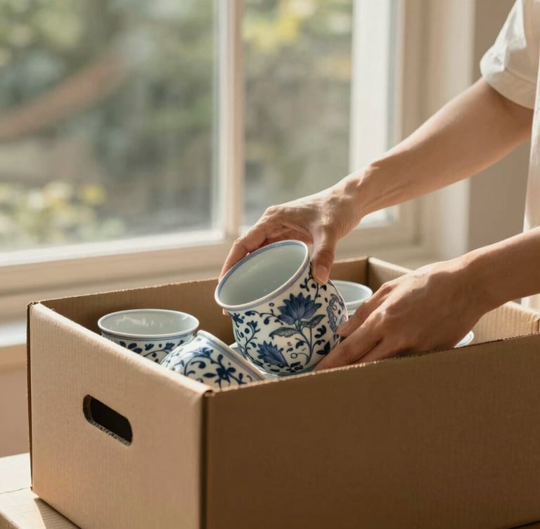 A medium-close editorial shot of hands gently packing heirloom porcelain into a sturdy cardboard box, warm golden-hour light streaming through a nearby window.