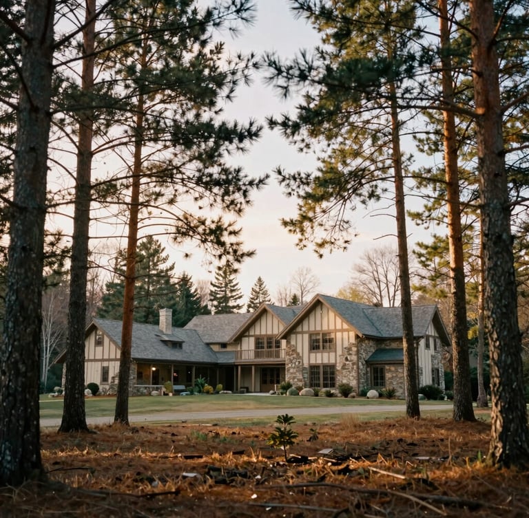 Wide panoramic view of a quiet Laurentian woodland estate at golden hour, soft sunlight filtering through pine trees, a warm stone-and-timber residence visible in the background, 35mm editorial photography.