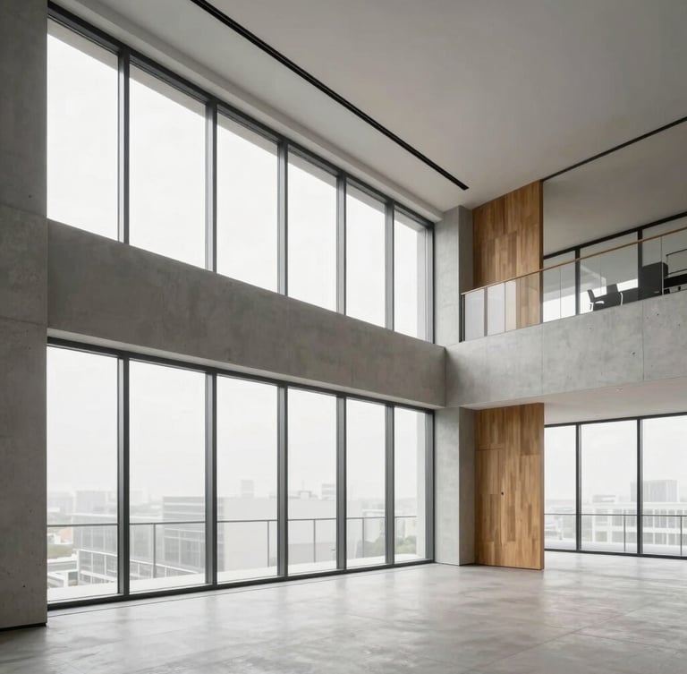Wide environmental shot of a modern architectural office space with clean lines, soft diffused overcast daylight filtering through large windows, minimal concrete and oak wood details, 35mm lens, corporate professional