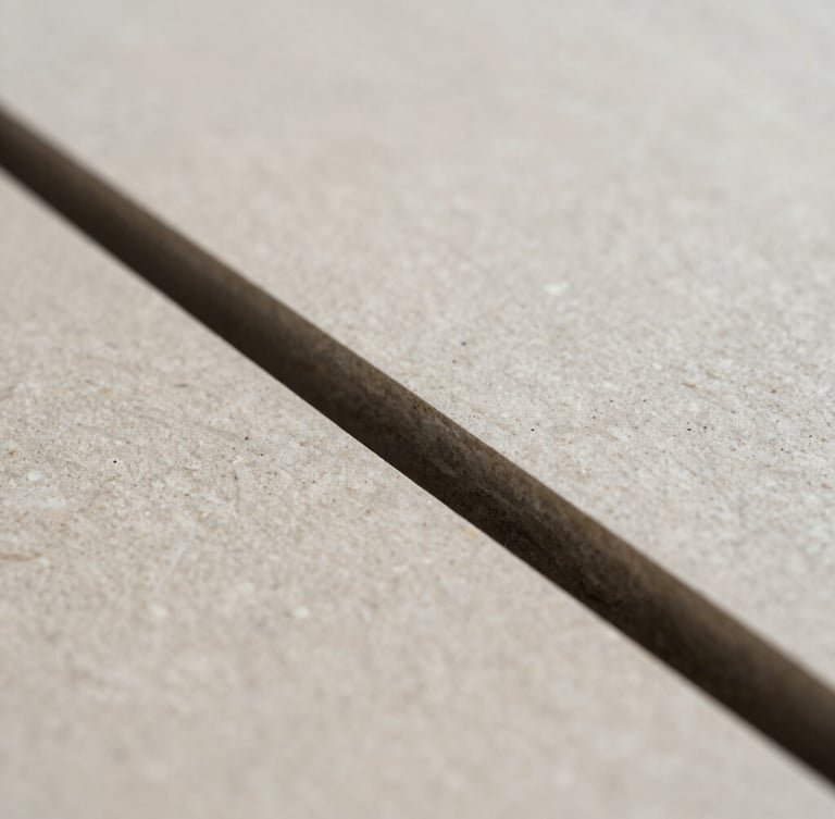 Tight abstract close-up of high-quality architectural materials, textured stone and dark metal lines in soft diffused daylight, minimalist editorial photography