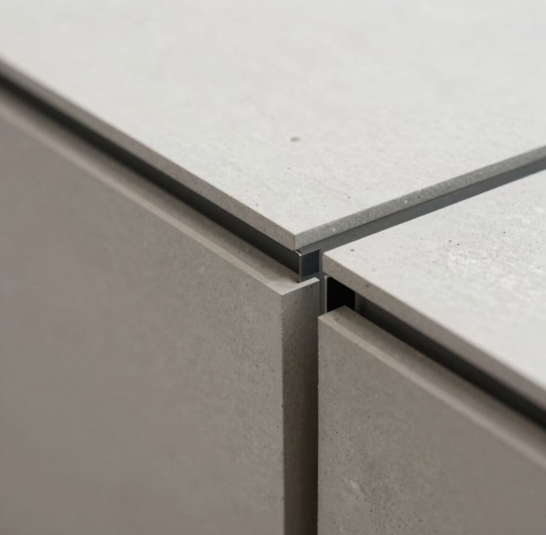 Tight close-up of high-quality architectural materials, concrete and steel joints, clean minimalist lines, soft natural lighting.