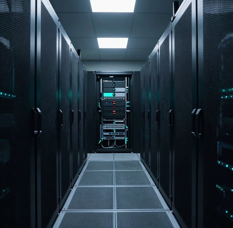 Wide environmental shot of a state-of-the-art server farm corridor, cool low-key ambient light, deep slate backgrounds, sharp teal accents