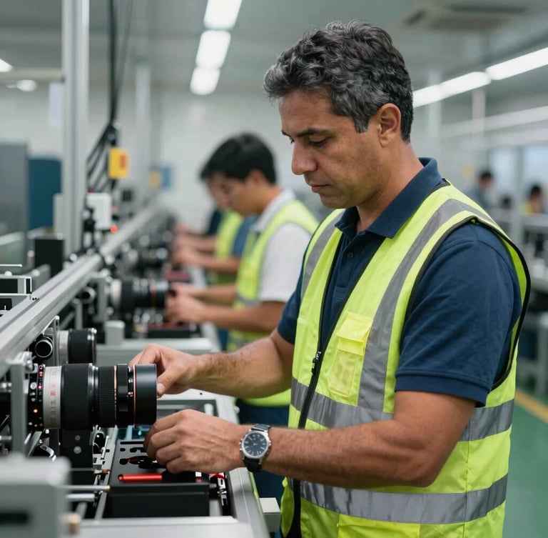 Plano medio de un supervisor industrial con chaleco de seguridad guiando a un técnico calificado en una línea de ensamblaje limpia, luz natural brillante, enfoque nítido.