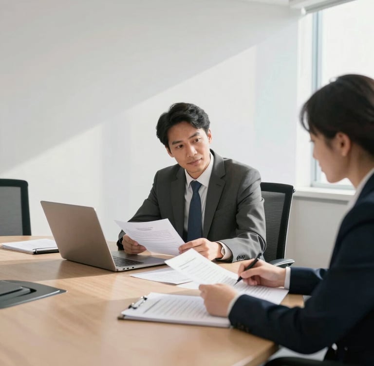 Medium shot of an organized corporate boardroom with clean white walls, a professional reviewing compliance documents under bright natural daylight.