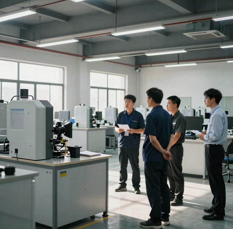 Wide environmental shot of a modern clean industrial training room, focused professionals observing a machinery demonstration under bright natural daylight, no dramatic shadows.