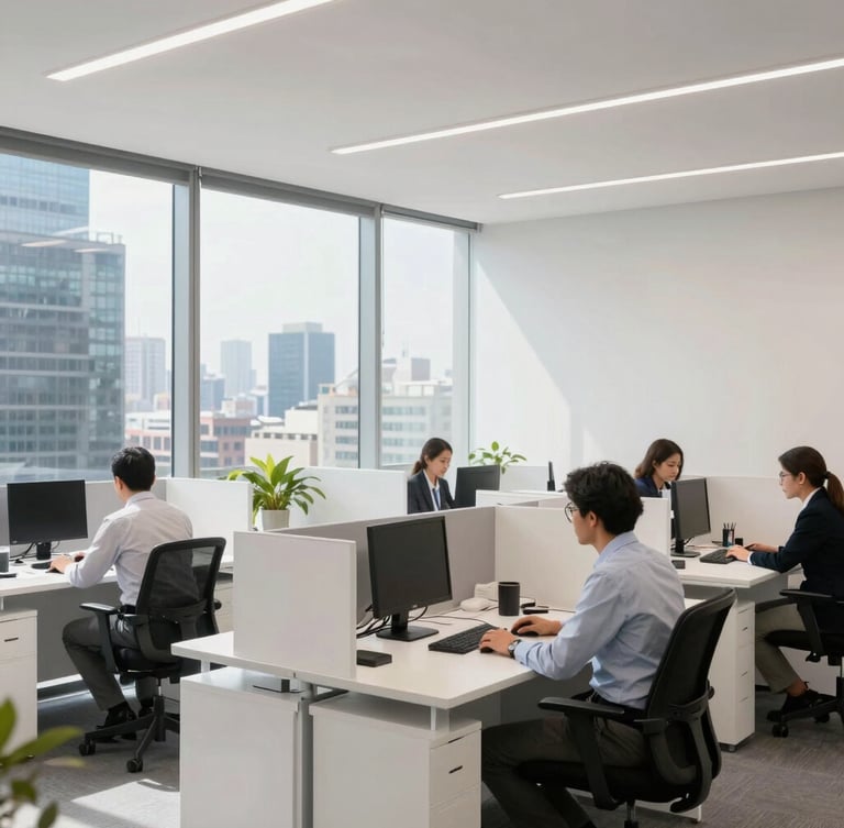 Environmental shot of a structured corporate office in Mexico City, bright natural daylight, focused professionals working at clean desks, clean white balance.