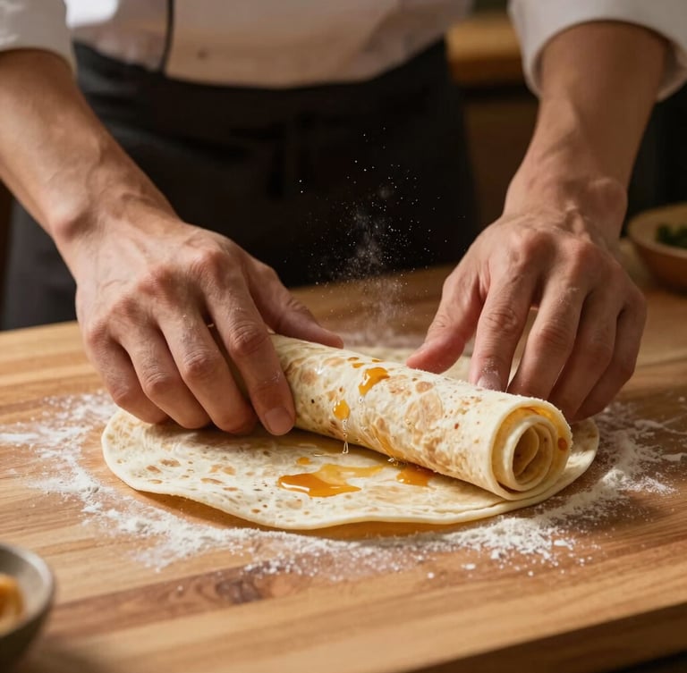 A chef's hands carefully rolling a fresh wrap on a clean wooden prep table, flour dusted in the air, warm side-lighting highlighting the texture of the flatbread