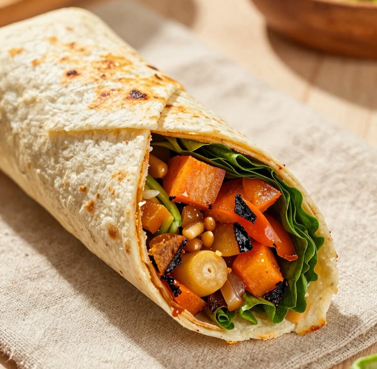 Close-up of freshly rolled artisan wraps sliced in half on a linen surface, vibrant interior textures of roasted vegetables and crisp greens, warm natural side-lighting