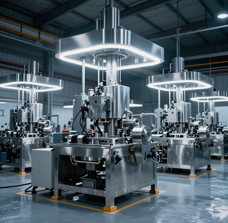 Wide shot of a modern, pristine manufacturing floor in Malappuram, Kerala, showing stainless steel industrial machinery under construction, sharp rim lighting, cool industrial blue-gray tones, 50mm