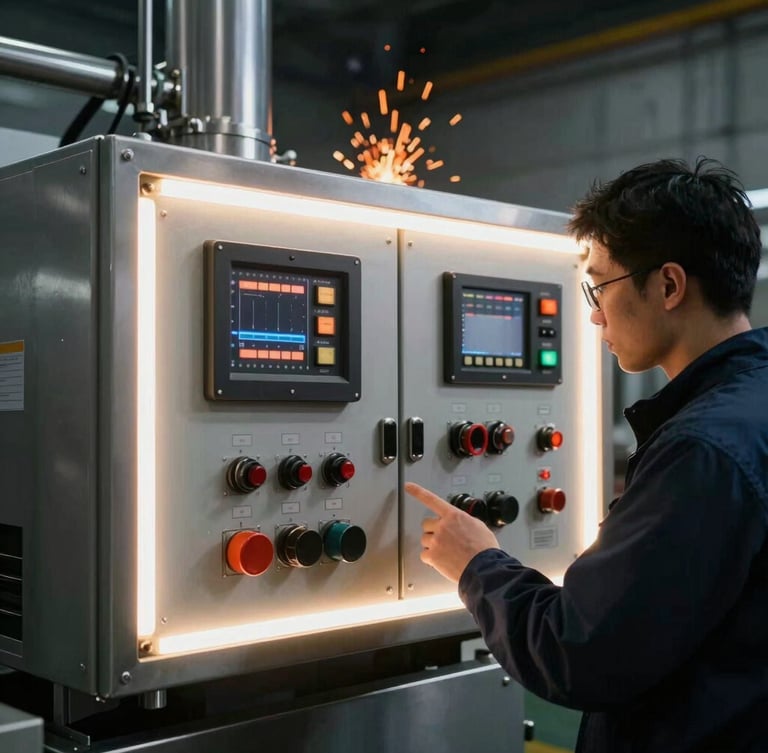 An engineer inspecting a complex custom control panel on a large stainless steel machine, dramatic rim lighting, orange sparks in the distant background, 50mm