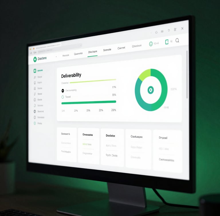 Macro close-up of a high-fidelity UI mockup displaying a deliverability dashboard on a sleek monitor. Low-key dramatic lighting, dark background with subtle deep green ambient glow and sharp emerald edge-lighting.