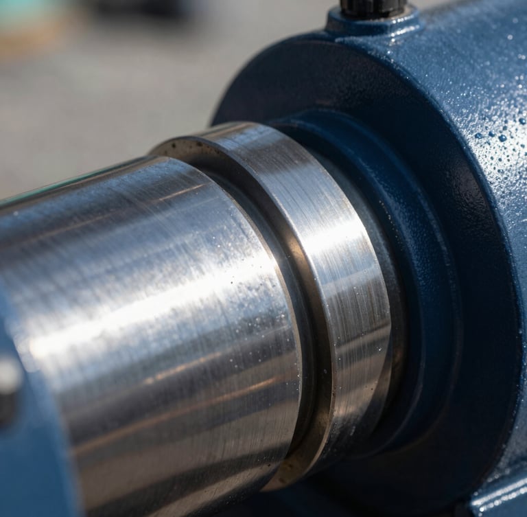 Macro close-up of heavy machinery components, industrial editorial photography, cool metallic daylight, sharp reflections, deep navy and steel tones, 35mm lens