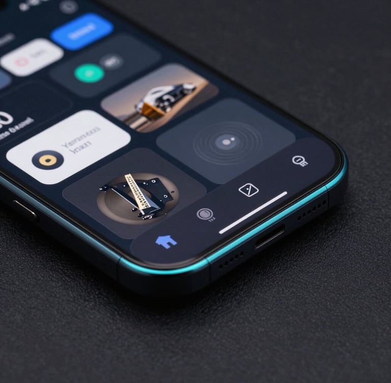 Macro shot of a high-fidelity dark-themed mobile application interface displayed on a modern bezel-less smartphone, sharp electric cyan rim lights reflecting off polished dark glass, deep obsidian background, clean technical UI layout.