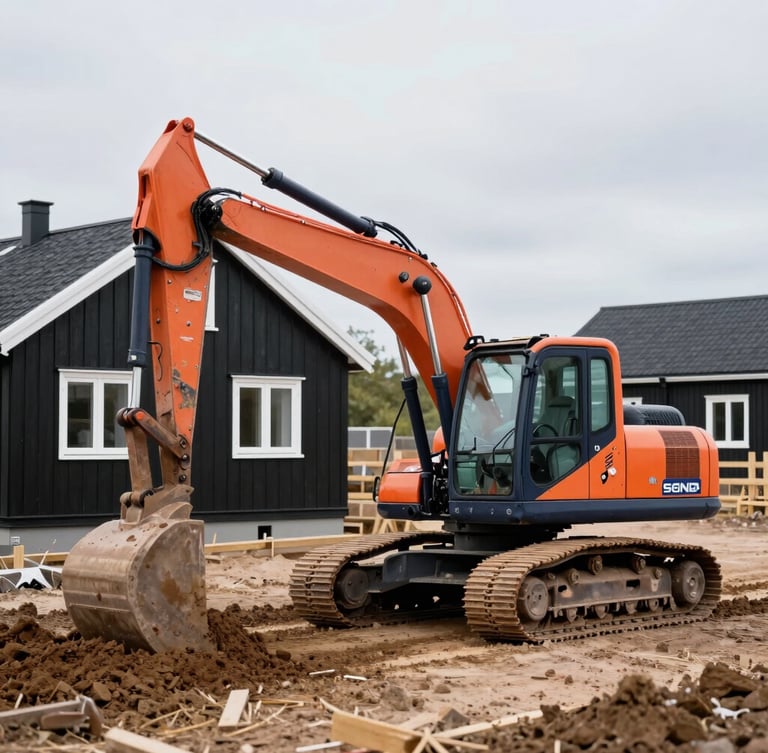 A clean residential construction site in Zealand, a compact excavator precisely grading soil near a black wooden summer house with white windows, overcast daylight, highly professional setup