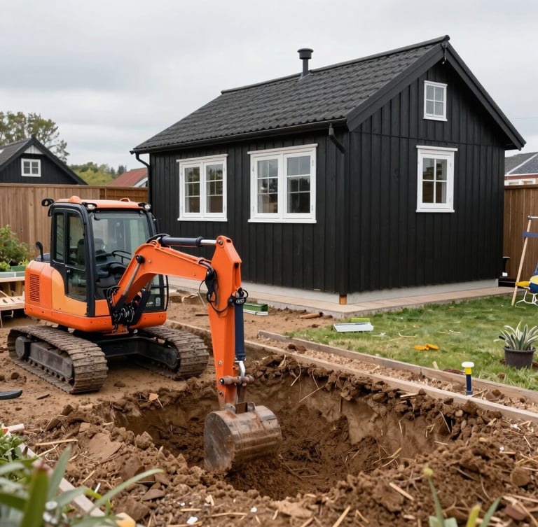 Medium-wide shot of a neat residential garden in Zealand, a small excavator carefully digging a precise trench for a soakaway system, classic black wooden summer house with white windows in the background, bright overcast daylight, crisp editorial construction photography, sharp focus, 35mm lens