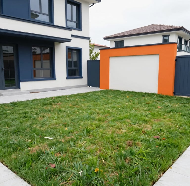 A clean, newly restored residential garden with a fresh green lawn next to a modern house, no construction debris, bright overcast daylight