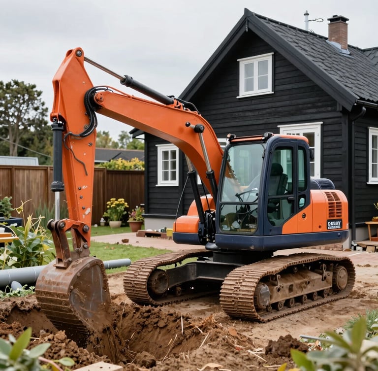 A compact excavator operating carefully in a residential garden, digging a trench for drainage pipes near a classic black wooden summer house, bright overcast daylight, sharp focus