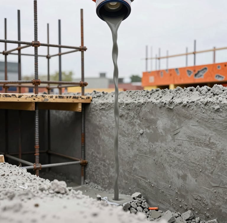 Crisp editorial construction photography, close-up of fresh concrete being poured into a steel-reinforced foundation trench, bright overcast daylight, sharp focus, 35mm lens