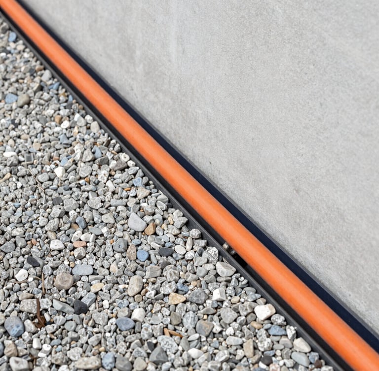Close-up of a professional perimeter drain installation, orange drainage pipes laid in a clean gravel bed next to a residential concrete foundation, crisp overcast daylight, 35mm lens