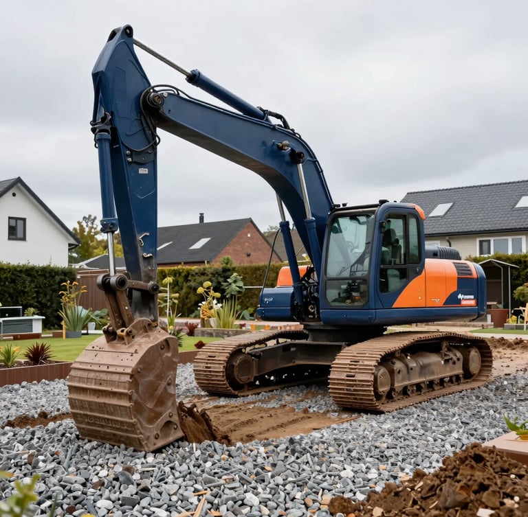 An excavator operating with high precision in a residential garden on Zealand, laying down a gravel bed for foundation work, clean navy blue machinery details, sharp focus, overcast day.