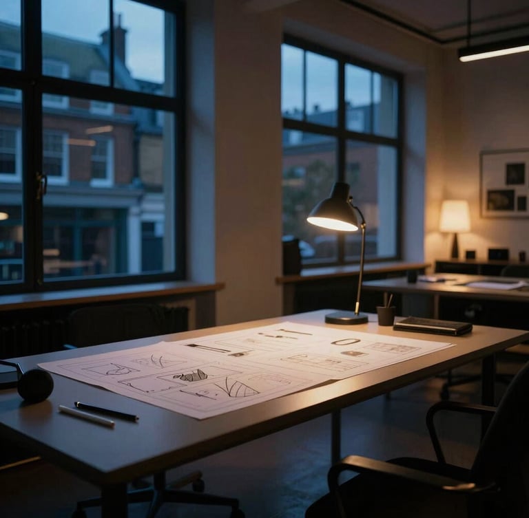 Cinematic wide shot of a modern, high-end creative studio in Covent Garden at dusk, cool blue evening light through large windows casting dramatic shadows, warm interior tungsten glow illuminating a sleek desk with design layouts.