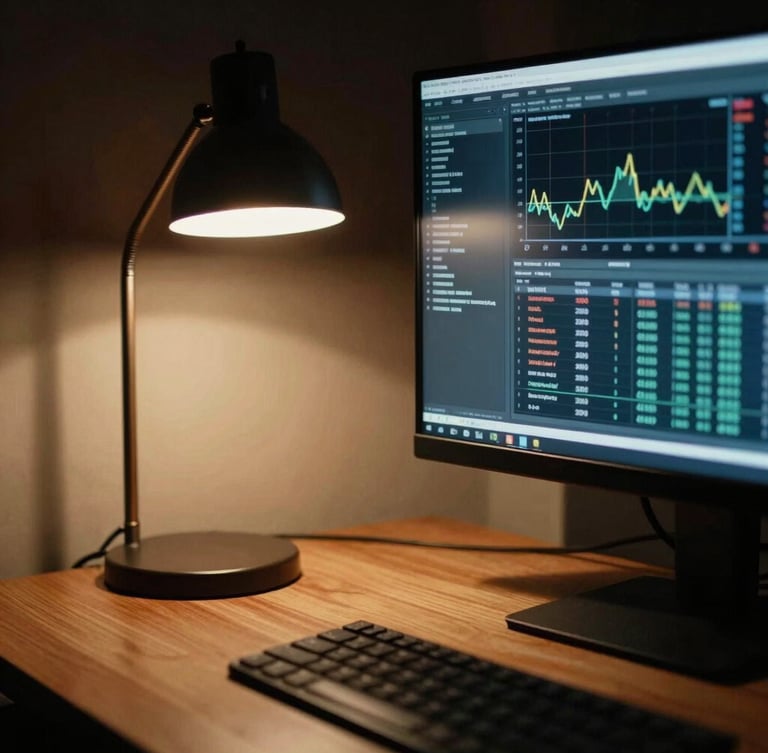Moody close-up of a high-end workspace in London, dramatic low-key lighting, warm tungsten desk lamp casting long shadows over a sleek monitor displaying data graphs, 35mm film grain