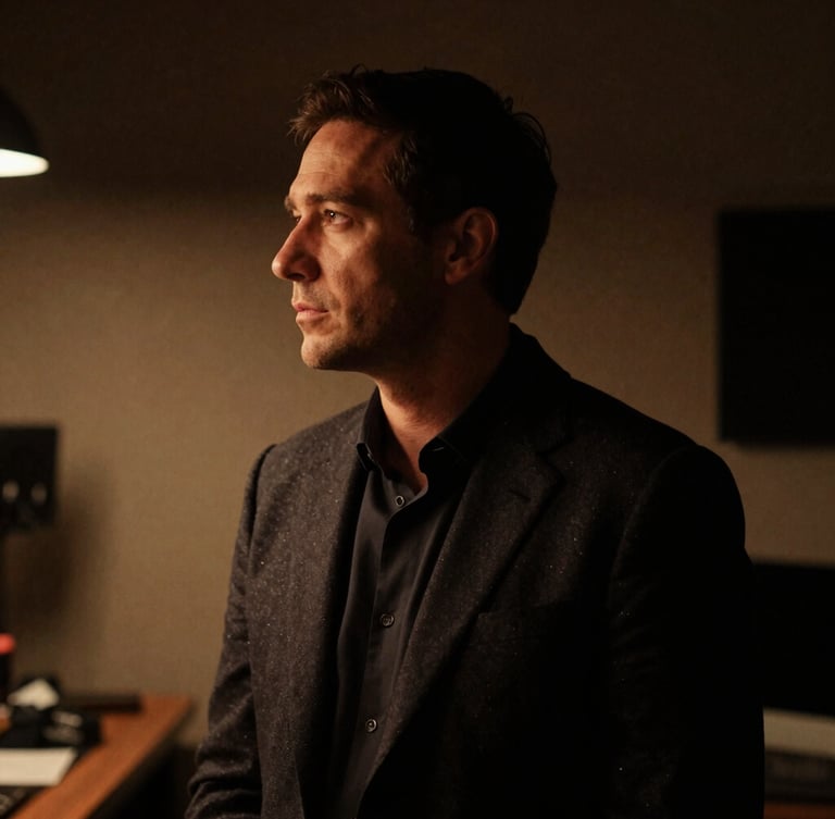 Moody low-key portrait of a creative director in a dark London studio, dramatic shadows, warm tungsten light highlighting the profile, professional, sophisticated.