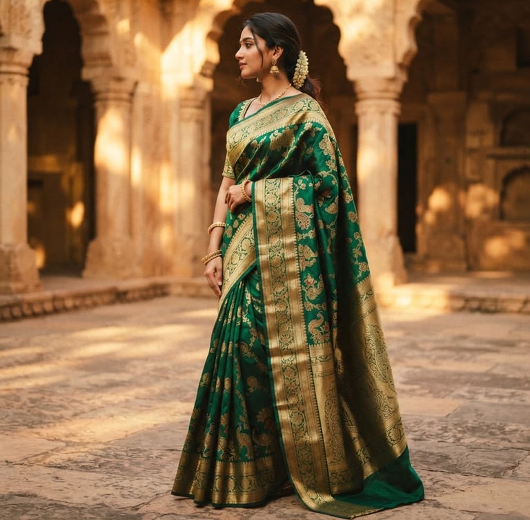 Low-angle medium shot of a rich emerald green silk saree with intricate gold zari borders, captured in warm afternoon sunlight with soft courtyard shadows.