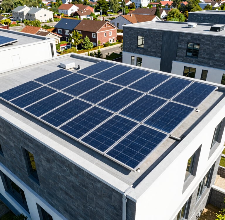 High-angle drone shot of a modern residential rooftop solar installation under bright sunlight, showing clean panels and a clear view of the surrounding neighborhood, crisp architectural framing, 35mm