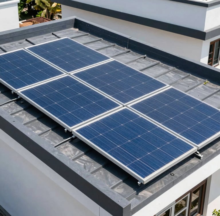 Close-up portrait shot of a modern rooftop solar panel installation on a contemporary Indian home, bright natural sunlight, high-contrast blue and slate tones, crisp architectural framing, 35mm
