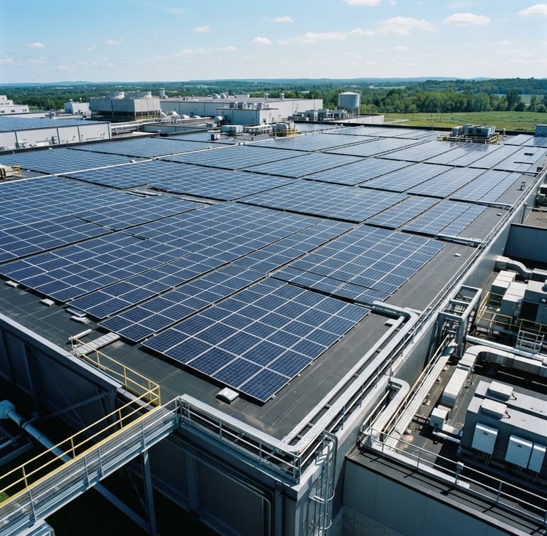 Wide shot of a modern factory rooftop with extensive Sunicorn Solar panels, bright natural sunlight, crisp architectural framing, high-contrast blue and slate tones, 35mm