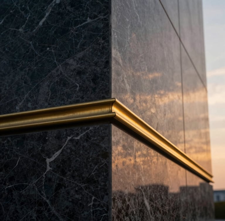 Close-up architectural photography of premium textured marble and brass joints, warm twilight light, high-contrast shadows