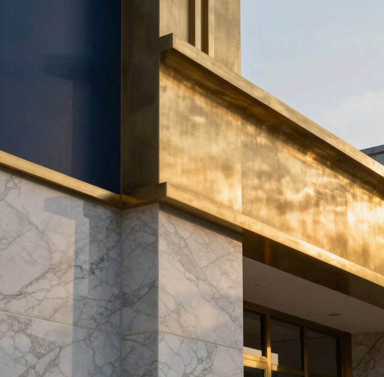 Close-up architectural detail of premium brushed brass and white marble textures, soft twilight shadows, elegant and structured composition.