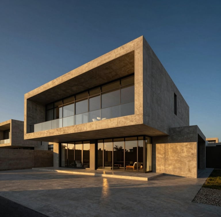 Wide-angle architectural portrait of a modern concrete and glass villa in Ras Al Khaimah, warm golden hour light casting long shadows, deep navy sky, minimalist luxury aesthetic.