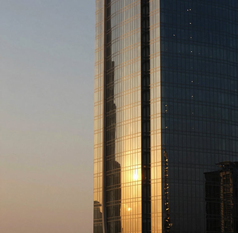 Architectural abstract of a modern luxury glass tower in Ras Al Khaimah, golden hour light reflecting off steel, clean lines, negative space on the left