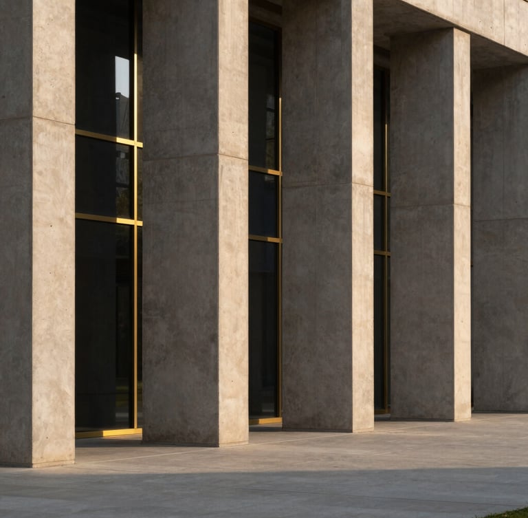 Minimalist portrait architectural shot of a concrete and glass column structure, warm direct sunlight, clean shadows.