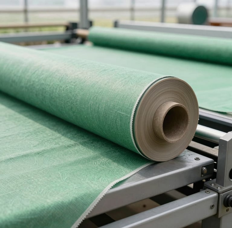 Industrial textile cutting table with heavy rolls of green shade cloth, bright diffused greenhouse daylight, sharp technical details