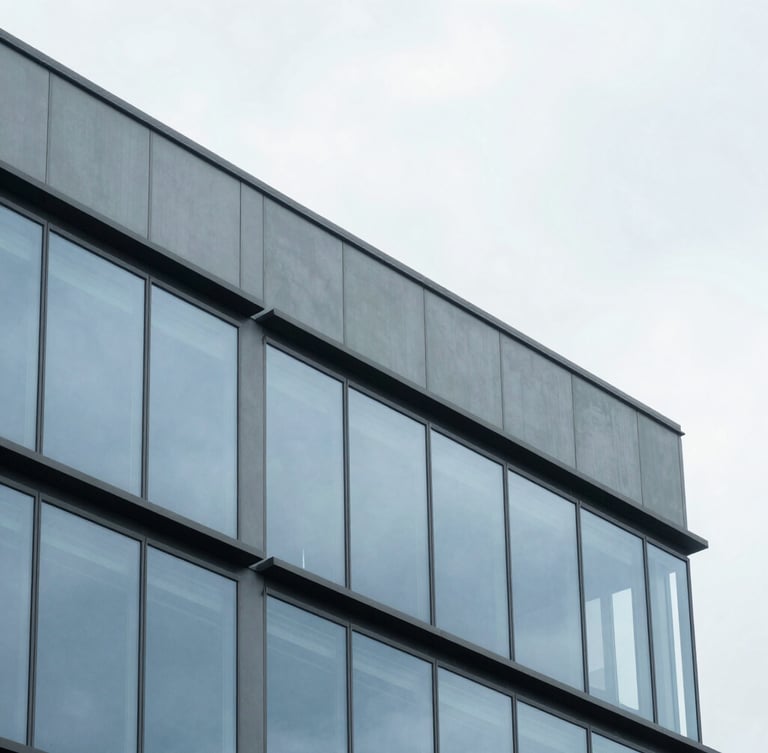 Architectural detail of a modern office building facade in CDMX, clean lines, reflection of overcast sky, minimalist 35mm photography.