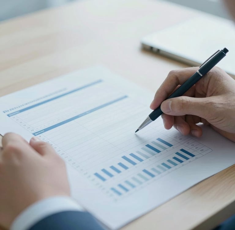 Close-up of hands analyzing clean physical data charts on a wooden desk, soft overcast daylight, cool corporate blue tones, minimalist editorial style, 35mm lens.